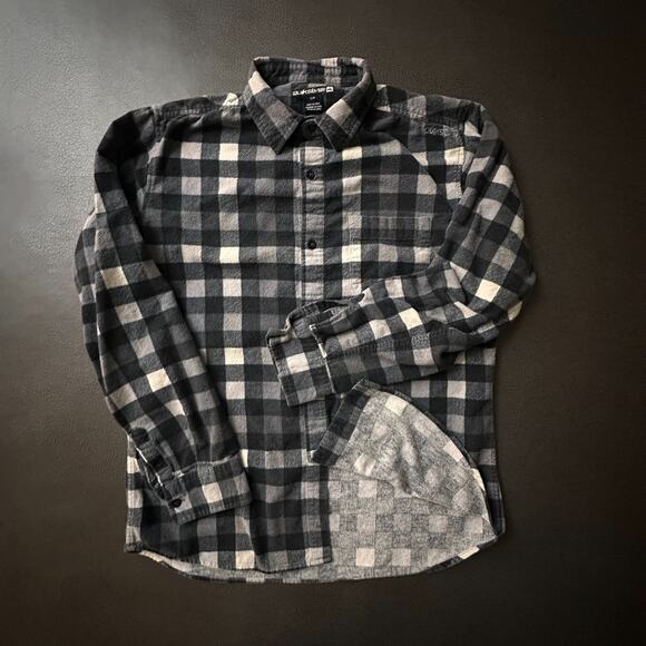 VTG Quiksilver Shirt Mens Small Gray Plaid Flannel Skater Y2k Spellout Logo - Picture 1 of 9